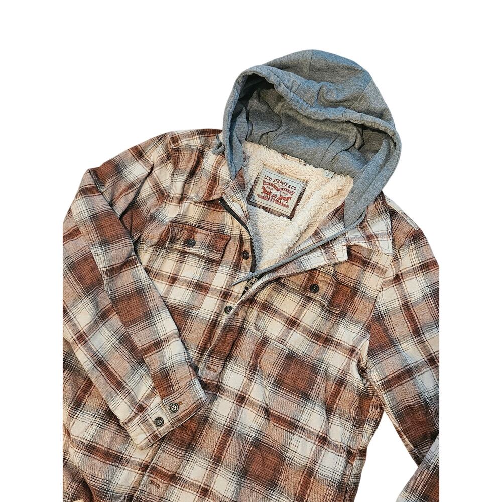 Levi Strauss Sherpa Mens XL flannel Hooded Jacket Brown plaid chore farm rugged